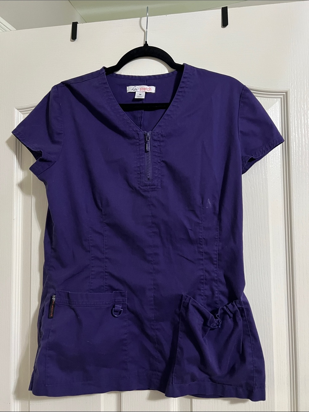 Koi Women's Zip V-Neck Stretch Scrub Top in Deep Purple
